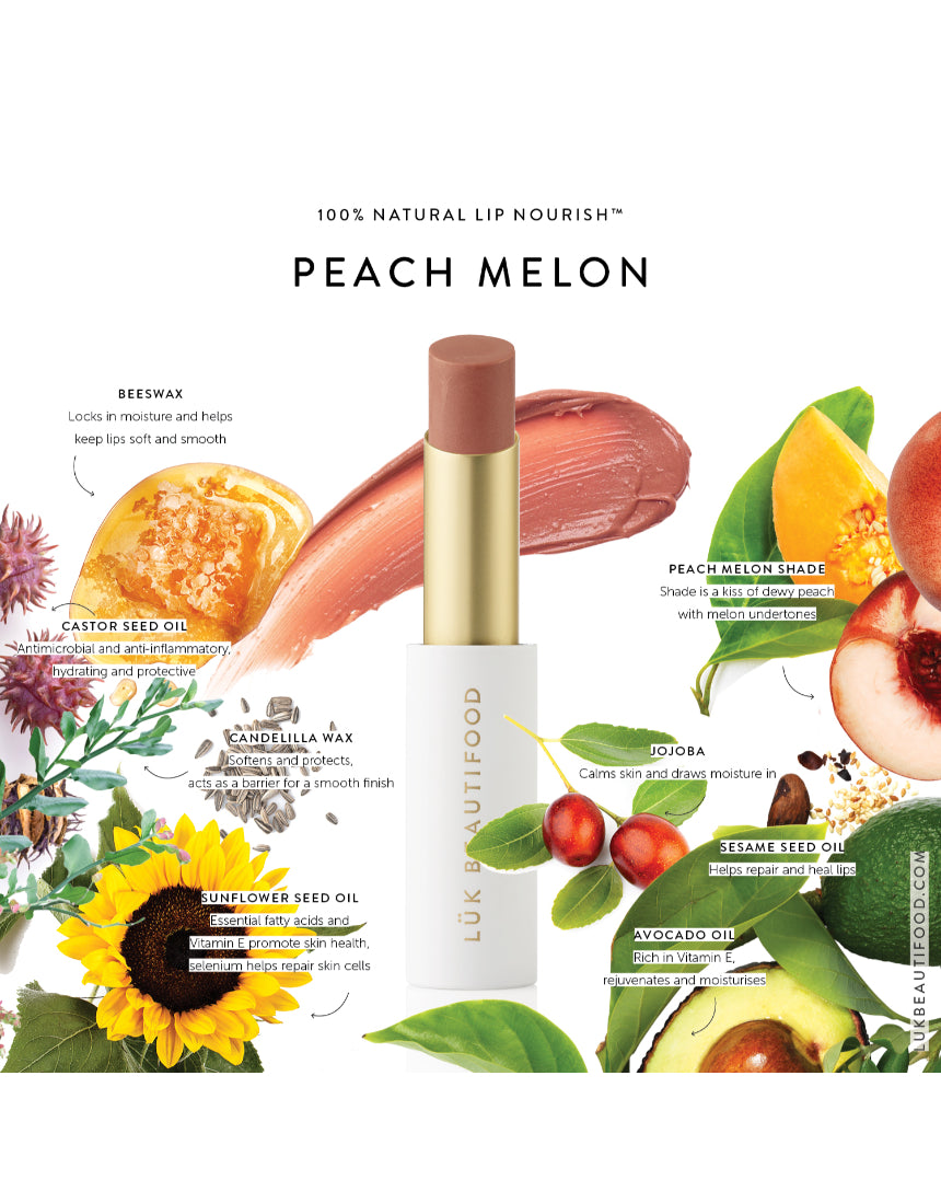 Luk Beautifood Lip Nourish Peach Melon lipstick in a sleek tube, showcasing the vibrant peach melon shade.