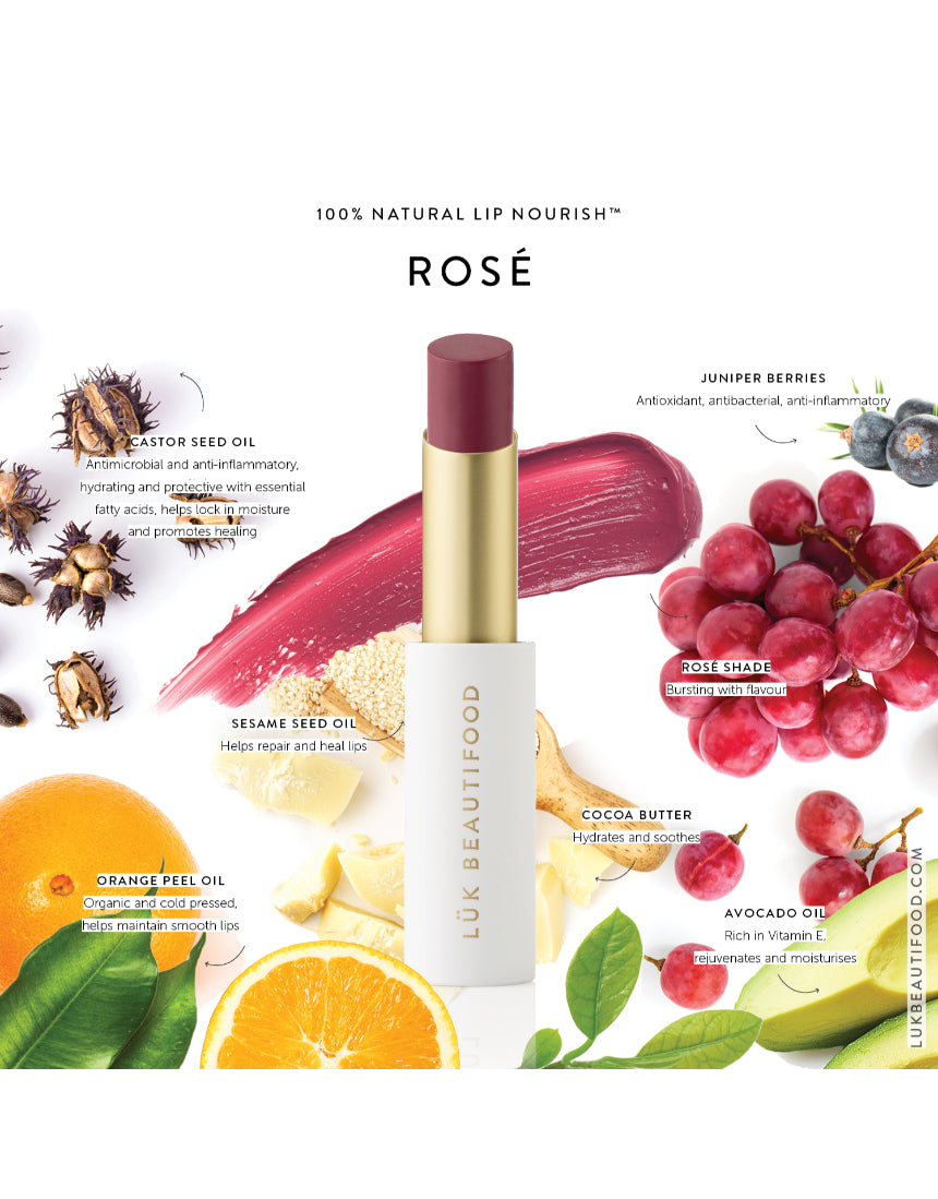 Luk Beautifood Lip Nourish lipstick in Rosé, showing a natural pink shade with smooth, creamy texture.