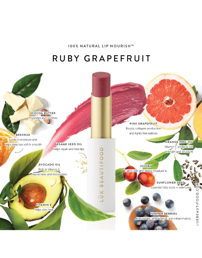 Luk Beautifood Lip Nourish lipstick in Ruby Grapefruit with vibrant orange-red color and sleek packaging.