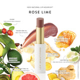 Luk Beautifood Lip Nourish lipstick in Rose Lime shade, showcasing the natural pink and green packaging with the lipstick tube.