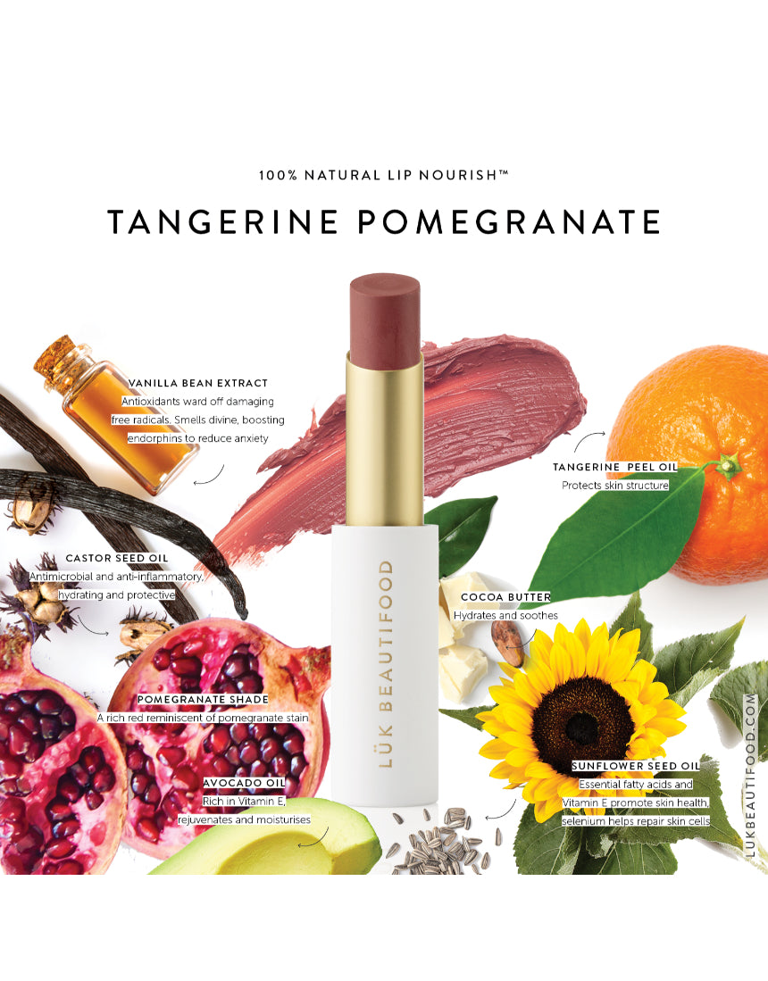 Luk Beautifood Lip Nourish lipstick in Tangerine Pomegranate showing the vibrant orange-red shade and sleek lipstick tube.
