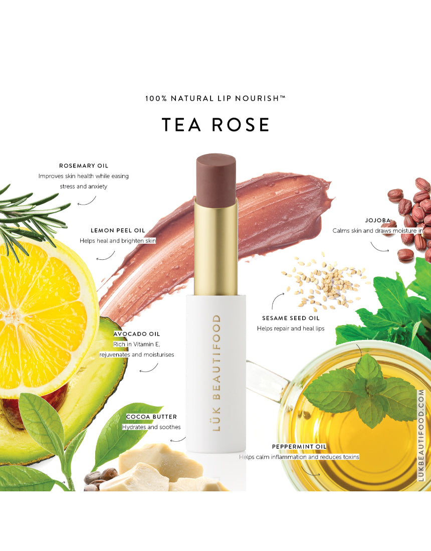 Luk Beautifood Lip Nourish lipstick in Tea Rose with a smooth, natural finish and elegant packaging.