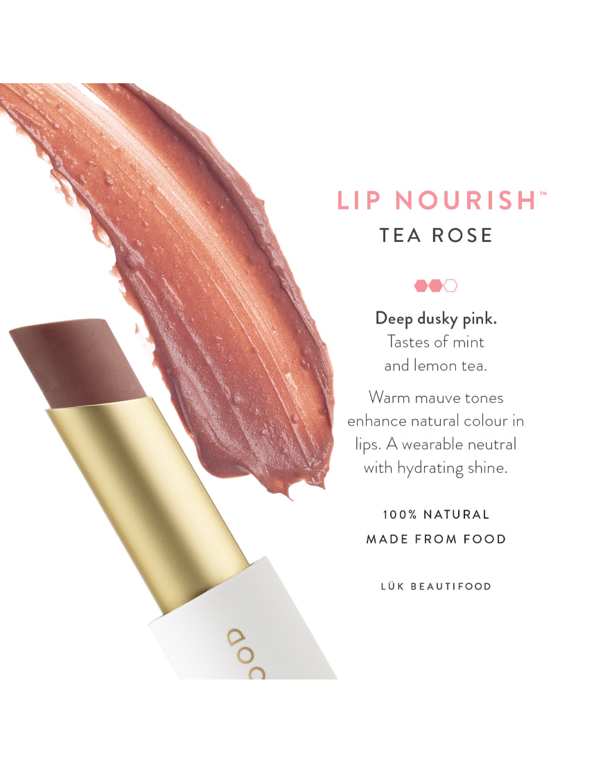 Luk Beautifood Lip Nourish lipstick in Tea Rose shade, showing the lipstick tube and color swatch on tiles.