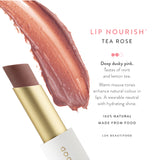 Luk Beautifood Lip Nourish lipstick in Tea Rose shade, showing the lipstick tube and color swatch on tiles.