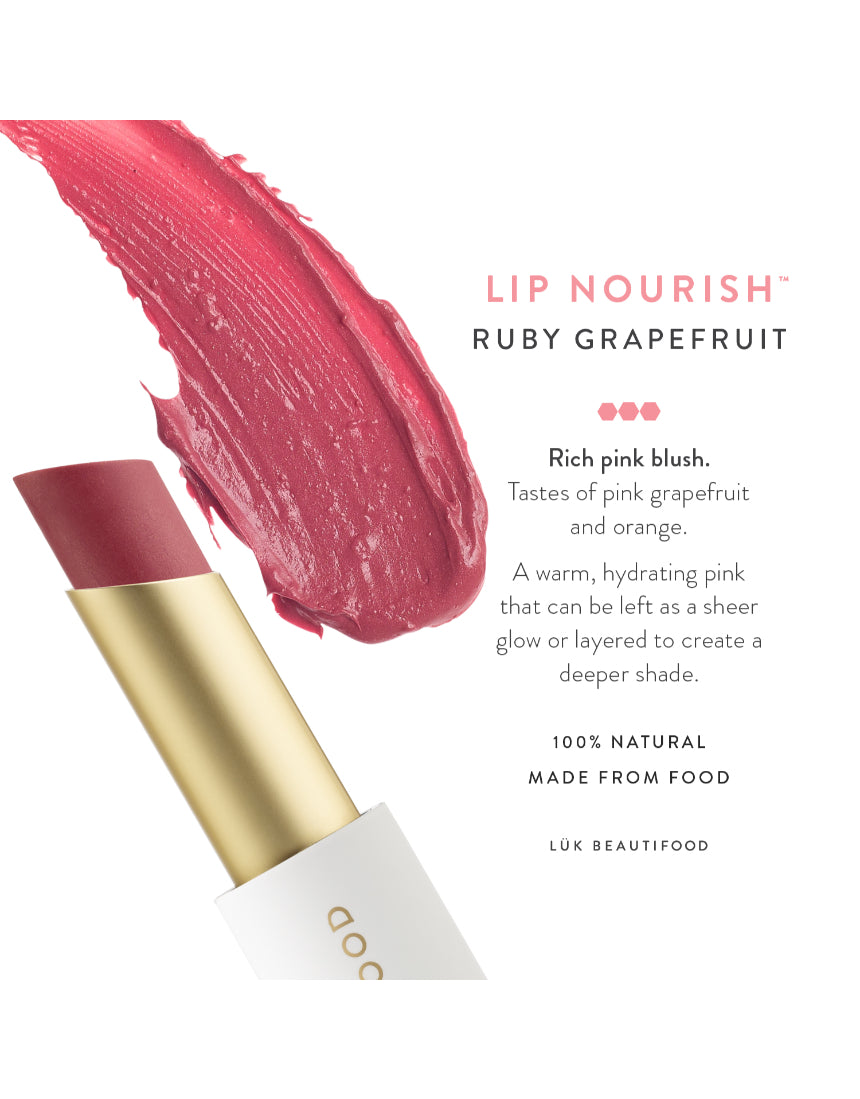 Luk Beautifood Lip Nourish lipstick in Ruby Grapefruit shade, showing the vibrant lipstick tube and color swatch.