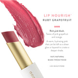 Luk Beautifood Lip Nourish lipstick in Ruby Grapefruit shade, showing the vibrant lipstick tube and color swatch.