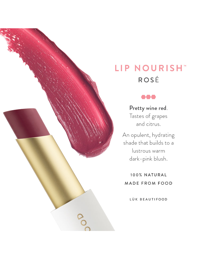 Luk Beautifood Lip Nourish lipstick in Rosé shade, showcasing the creamy pink lipstick tube and swatch on skin.