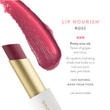 Luk Beautifood Lip Nourish lipstick in Rosé shade, showcasing the creamy pink lipstick tube and swatch on skin.