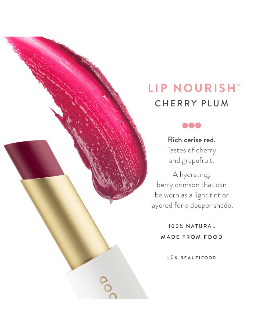 Luk Beautifood Lip Nourish lipstick in Cherry Plum shade with a smooth, natural finish and sleek packaging.