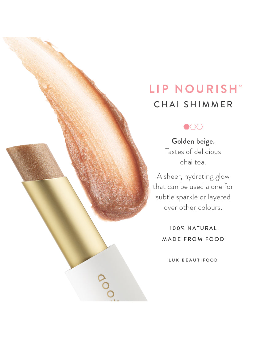 Luk Beautifood Lip Nourish Chai Shimmer lipstick with warm, shimmering nude shade and smooth application on natural lips.