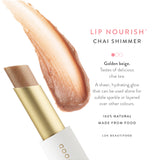 Luk Beautifood Lip Nourish Chai Shimmer lipstick with warm, shimmering nude shade and smooth application on natural lips.