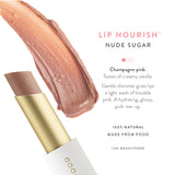Luk Beautifood Lip Nourish lipstick in Nude Sugar, showing the lipstick tube and swatch of the nude shade on skin.