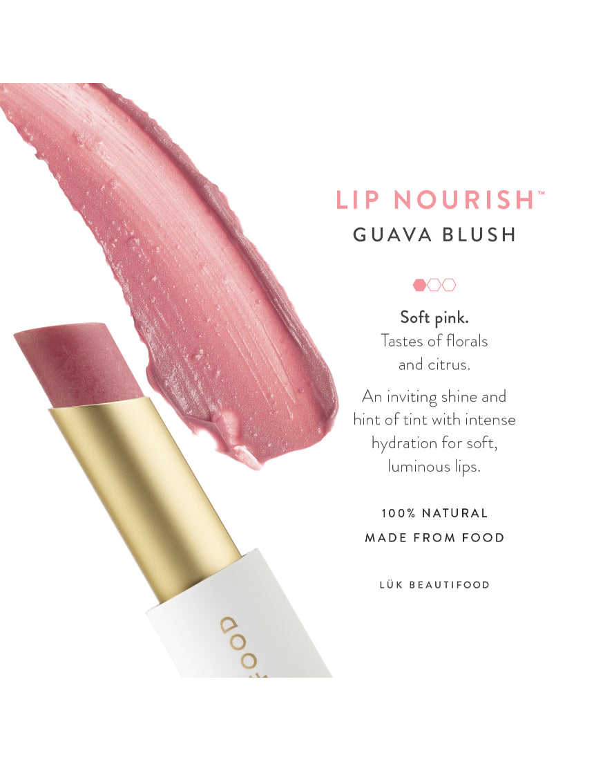 Luk Beautifood Lip Nourish lipstick in Guava Blush, showing the lipstick tube and swatch of the vibrant pink shade.