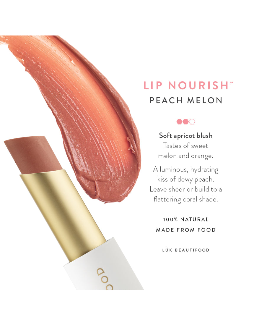 Luk Beautifood Lip Nourish lipstick in Peach Melon shade, featuring a close-up of the vibrant, smooth lipstick tube.
