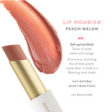 Luk Beautifood Lip Nourish lipstick in Peach Melon shade, featuring a close-up of the vibrant, smooth lipstick tube.