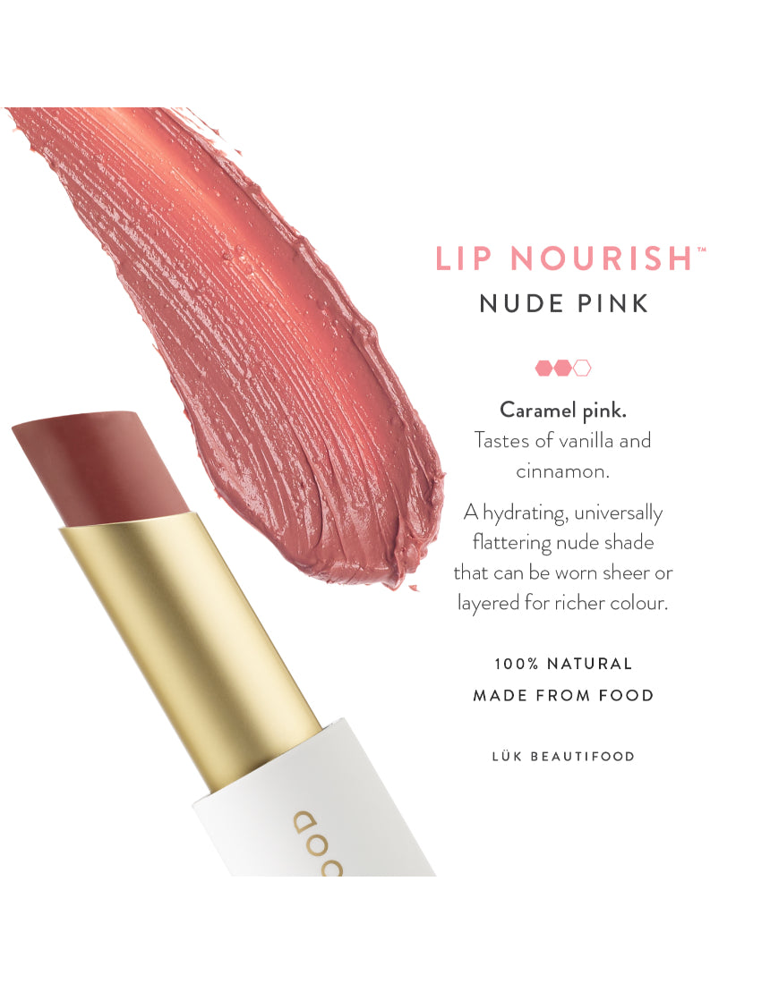Luk Beautifood Lip Nourish lipstick in Nude Pink, showing the sleek tube and swatch of the soft, natural lip color.