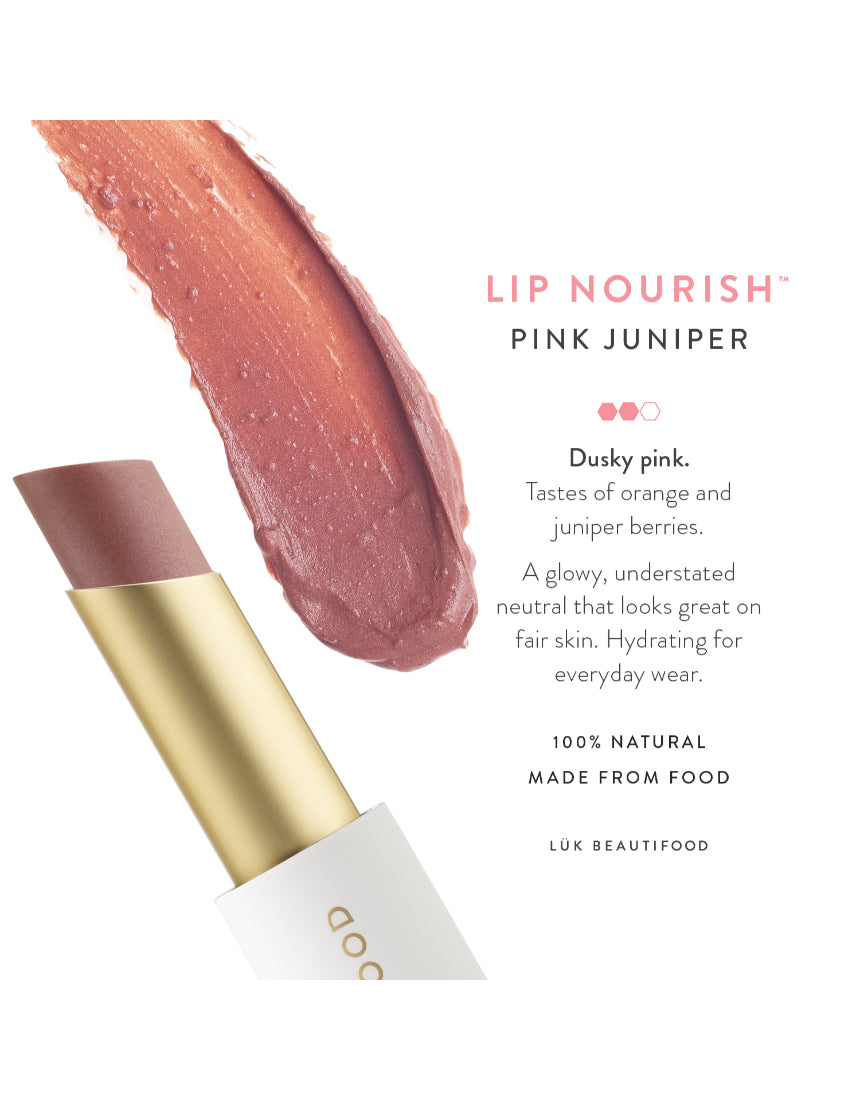 Luk Beautifood Lip Nourish lipstick in Pink Juniper shade, featuring a close-up of the vibrant pink lipstick tube and swatch.