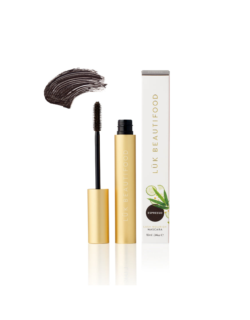 Luk Beautifood Lash Nourish Mascara in Espresso with black brush and packaging, designed to enhance and define eyelashes.