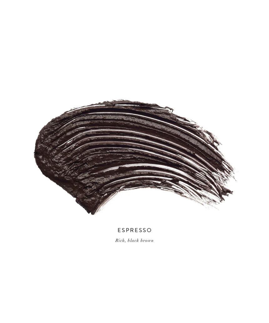 Lük Beautifood Lash Nourish Mascara in Espresso, showcasing dark brown mascara wand and swatch on skin.