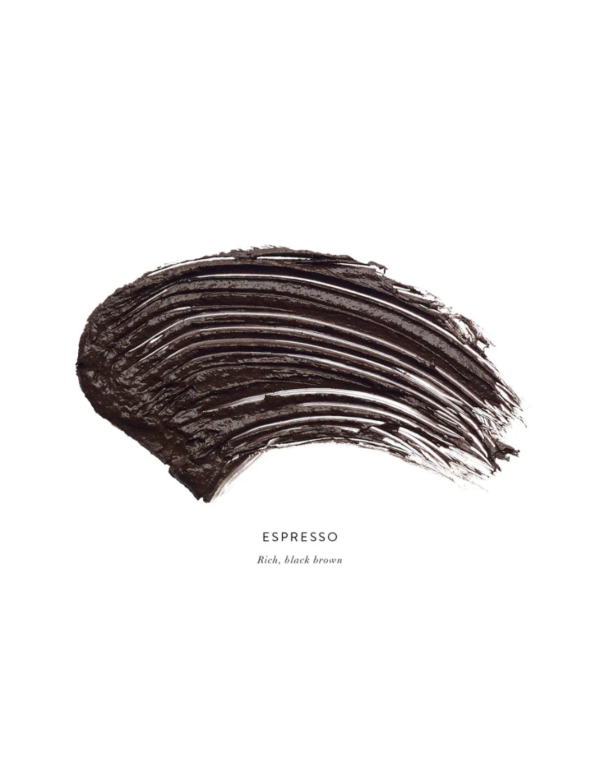 Lük Beautifood Lash Nourish Mascara in Espresso, showcasing dark brown mascara wand and swatch on skin.
