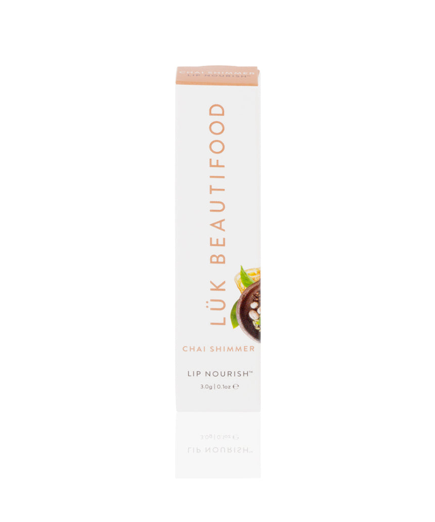 Luk Beautifood Lip Nourish lipstick in Chai Shimmer with warm, shimmering finish and natural lipstick packaging.