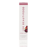 Luk Beautifood Lip Nourish lipstick in Cherry Plum color, featuring a sleek tube and vibrant shade on the lipstick bullet.