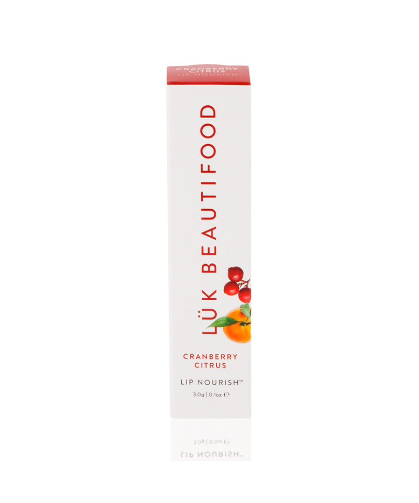 Lük Beautifood Cranberry Citrus Lip Nourish lipstick in a sleek tube, featuring vibrant cranberry and citrus packaging.