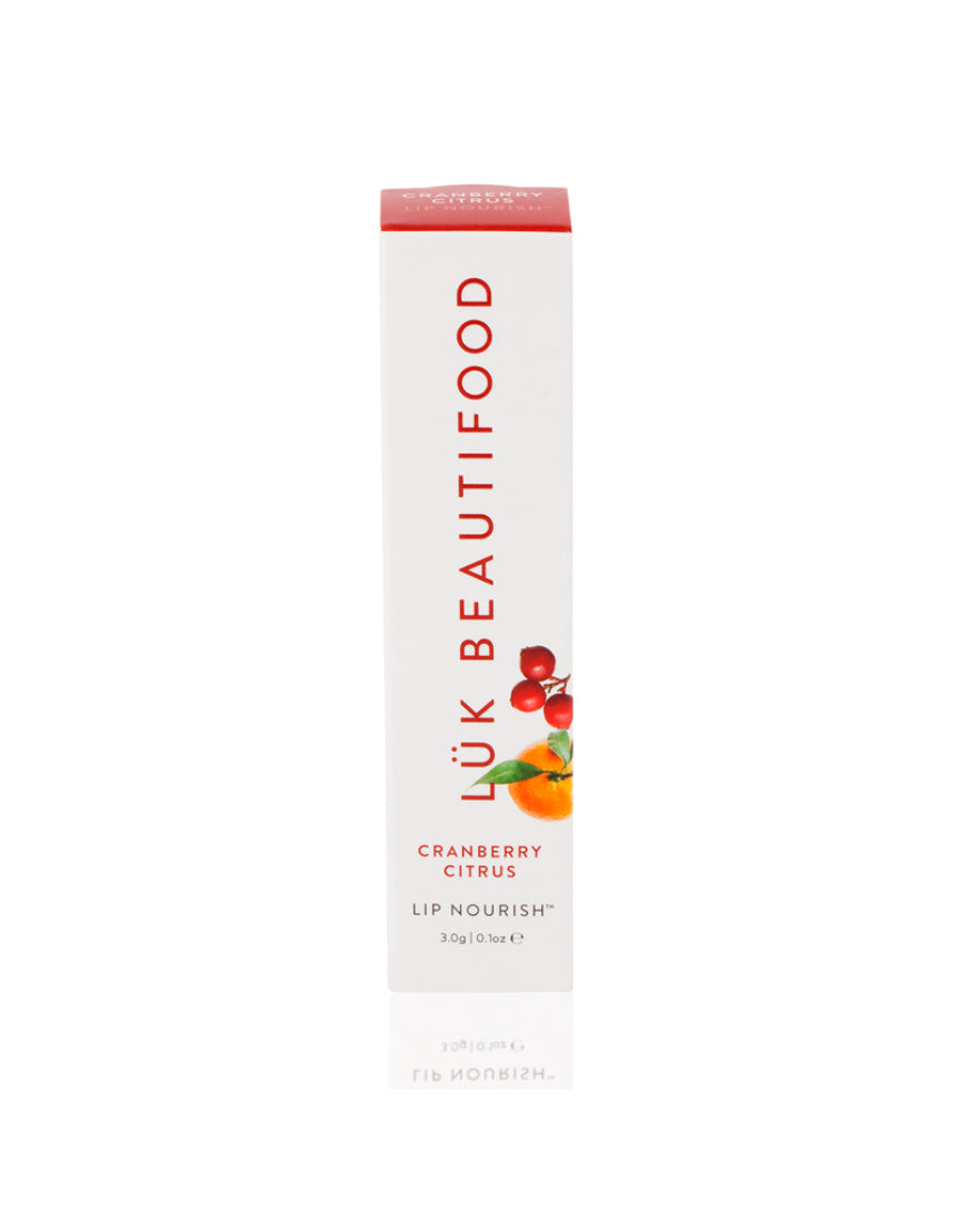 Lük Beautifood Cranberry Citrus Lip Nourish lipstick in a sleek tube, featuring vibrant cranberry and citrus packaging.