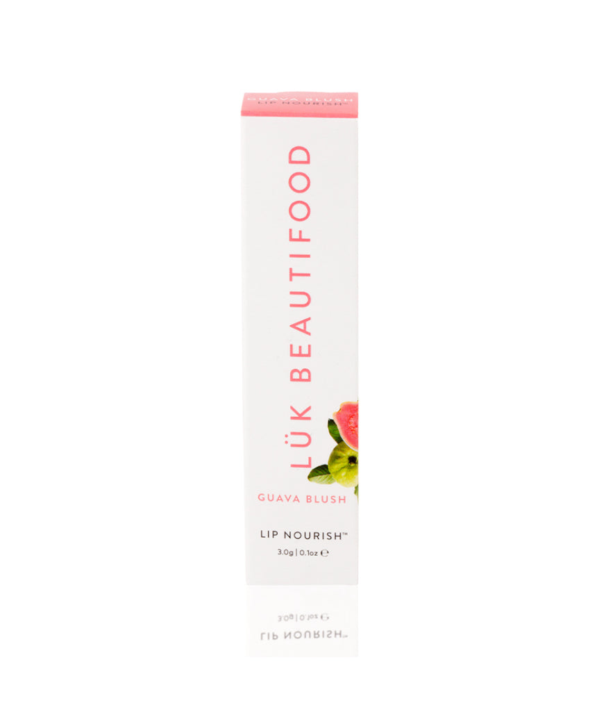 Lük Beautifood Lip Nourish lipstick in Guava Blush, showing the sleek packaging and vibrant pink shade.