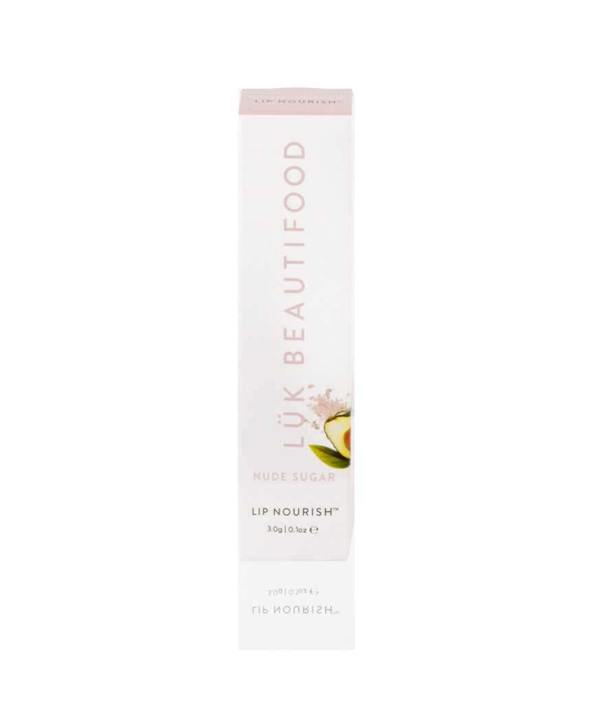 Luk Beautifood Lip Nourish lipstick in Nude Sugar, showing the sleek packaging and the nude shade of the product.