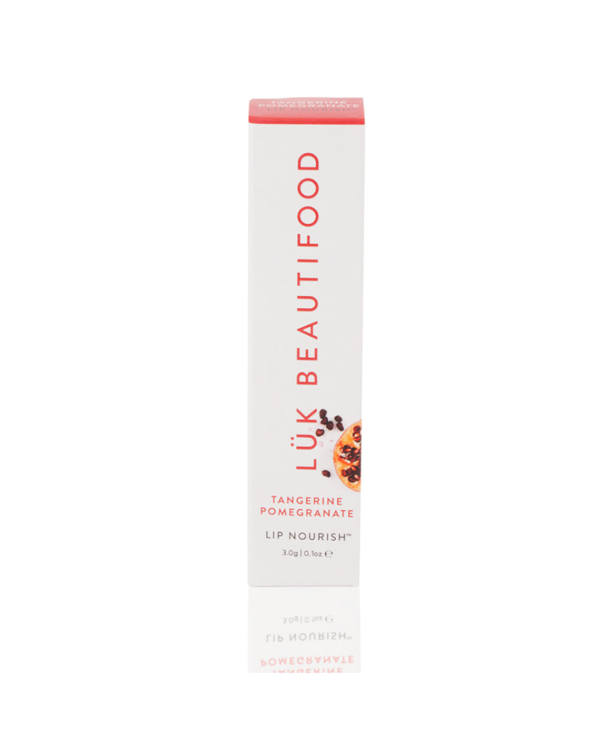 Luk Beautifood Lip Nourish lipstick in Tangerine Pomegranate with natural ingredients and vibrant orange packaging.