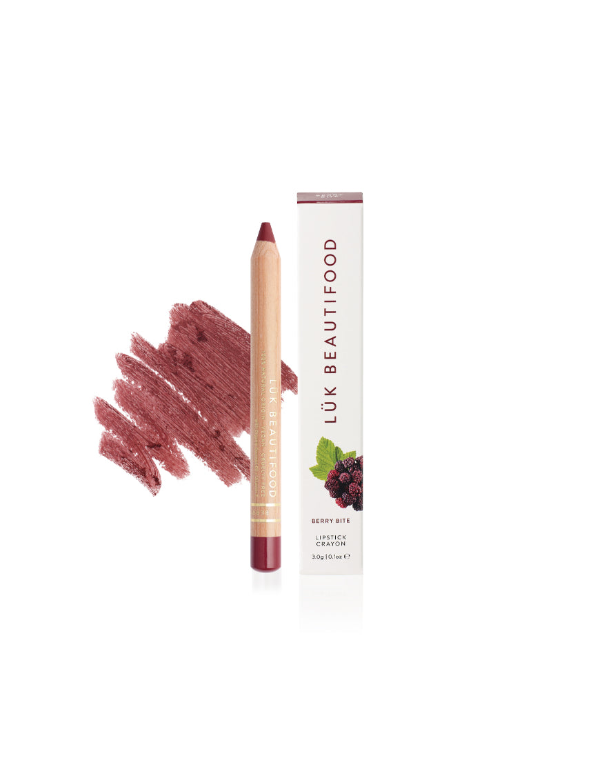Luk Beautifood Natural Lipstick Crayon in Berry Bite with packaging, showcasing the deep berry shade and sleek design.