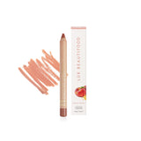 Lük Beautifood Natural Lipstick Crayon in Honey Peach with packaging, showing the peach-toned lipstick and box.