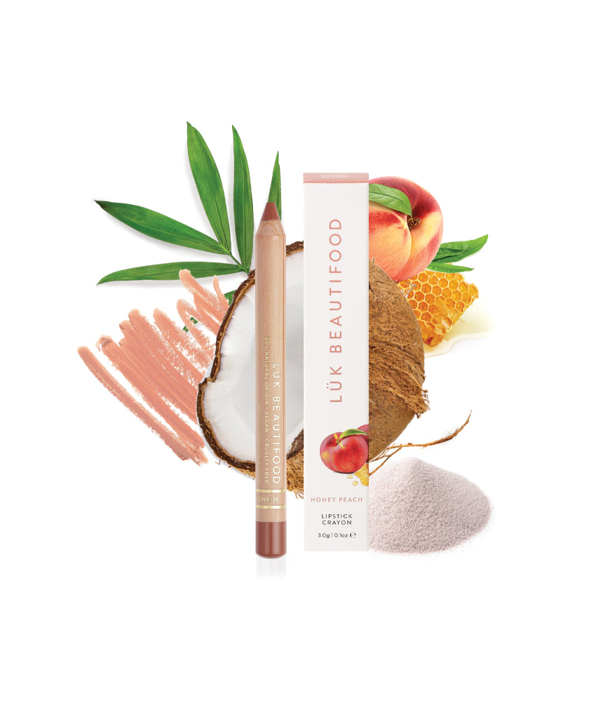 Luk Beautifood Natural Lipstick Crayon in Honey Peach with its packaging and ingredients list visible.