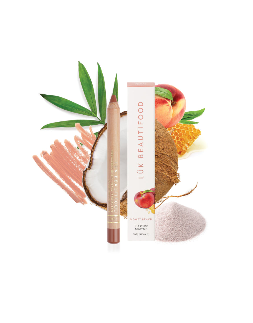 Luk Beautifood Natural Lipstick Crayon in Honey Peach with its packaging and ingredients list visible.