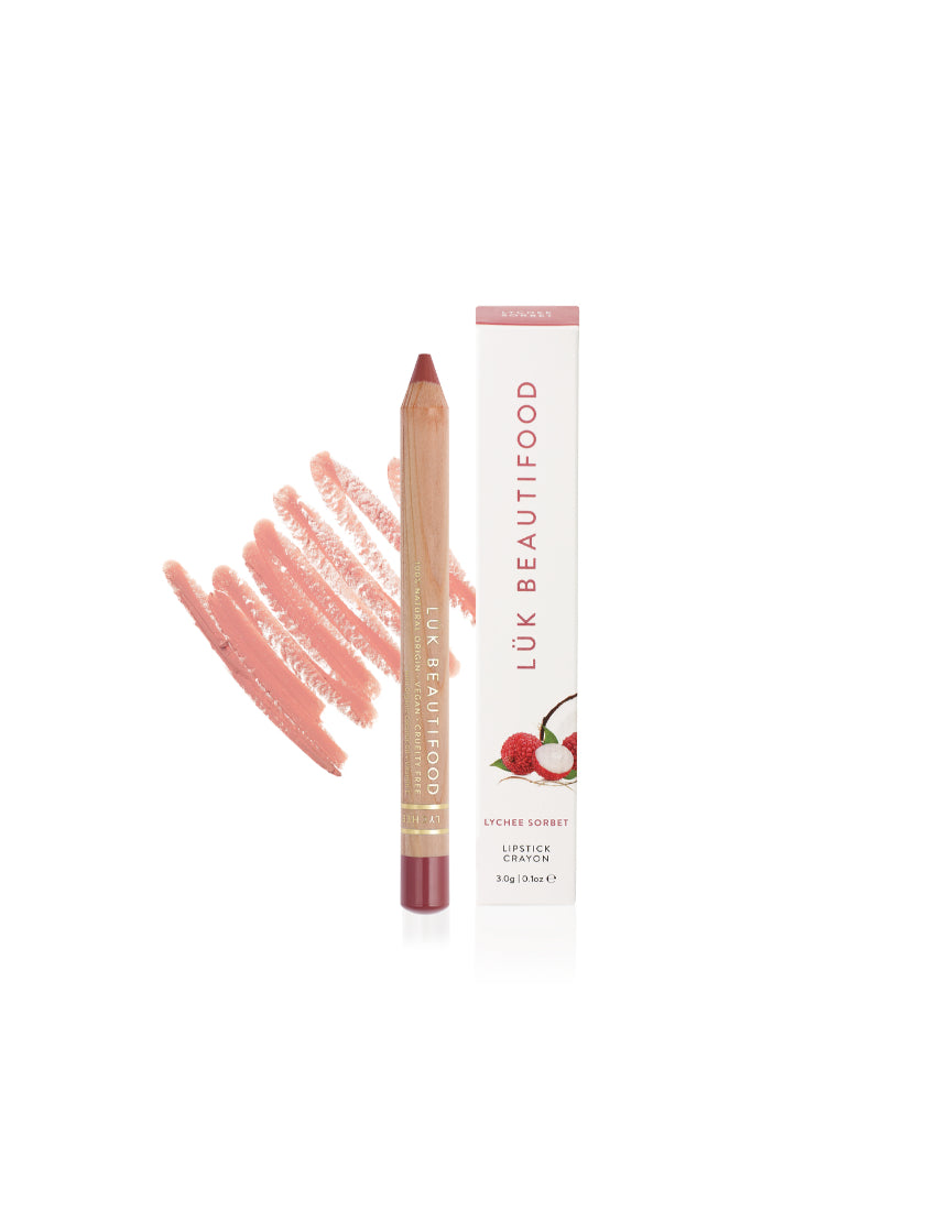 Lük Beautifood Natural Lipstick Crayon in Lychee Sorbet color, with the crayon and packaging visible.