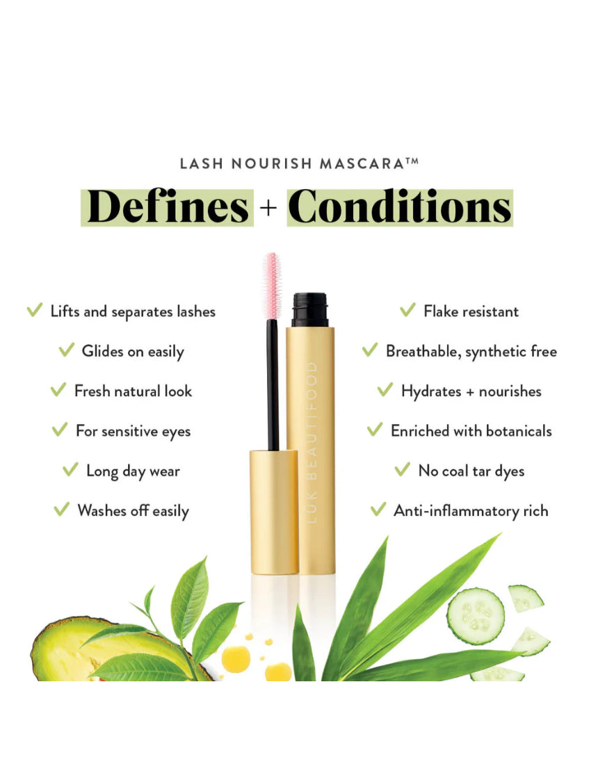 Luk Beautifood Lash Nourish Mascara in Black Tea showing the mascara tube with a sleek black design and product label.