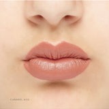 Luk Beautifood Natural Lipstick Crayon in Caramel Kiss applied on lips, showcasing warm caramel shade and smooth texture.