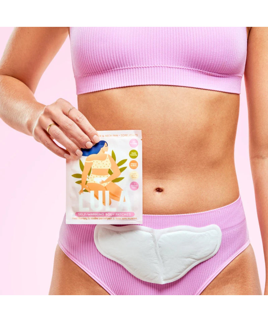 Lula self-warming body heat patch in packaging, designed for soothing warmth and pain relief on the skin.