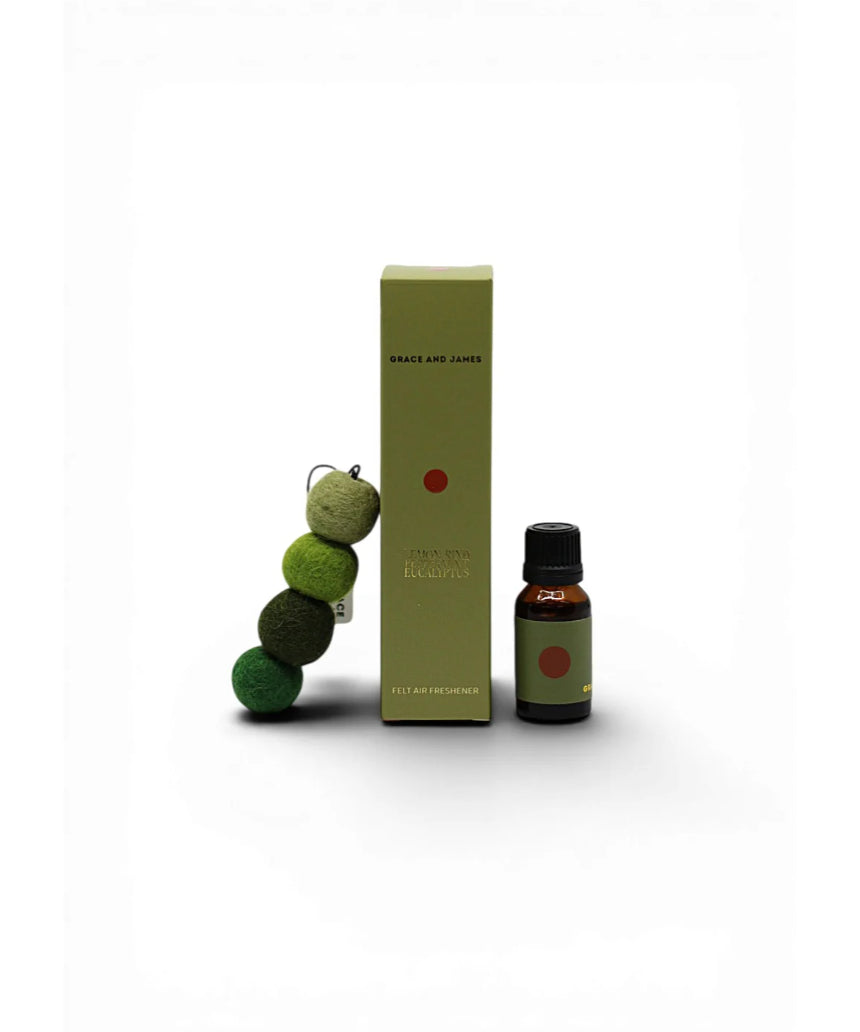 Grace & James Forager air freshener with lemon rind, peppermint, and eucalyptus scent in a sleek bottle.