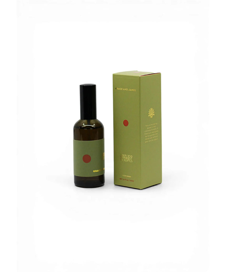 Grace & James Forager Room Spray with lemon rind, eucalyptus, and peppermint in a spray bottle for freshening rooms.