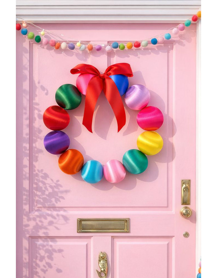 Colorful Little Fish Co silk ball Christmas wreath with multicolored silk balls, festive holiday decor for the door or wall.