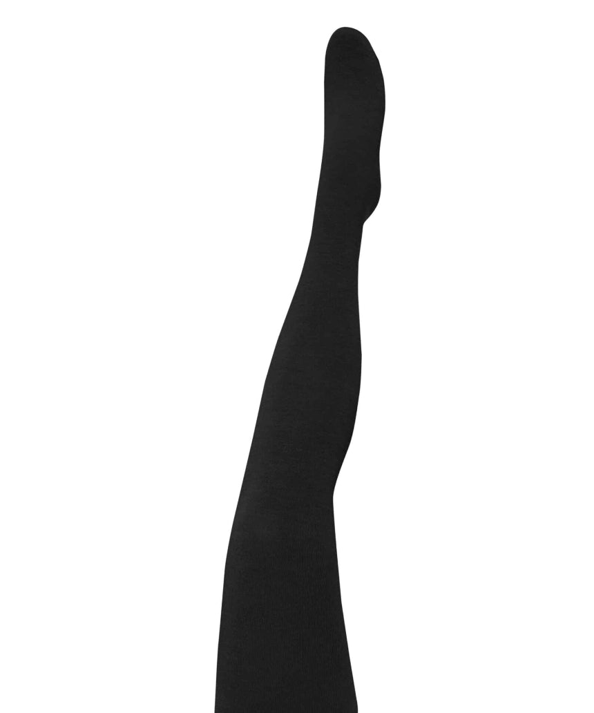 Black Luxe Merino Wool Tights by Tightology, featuring a smooth, fitted design with a subtle scale pattern for stylish warmth.