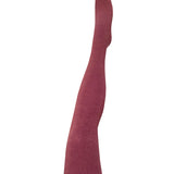 Close-up of Tightology Luxe Merino Wool Tights in wine color, showing the soft, textured fabric and snug fit.