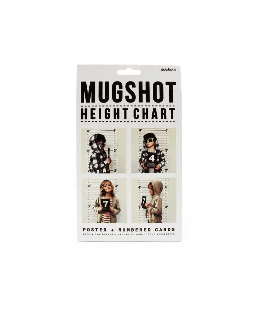 Suck UK Mugshot Height Chart with black and white design, featuring a measuring scale and space for mugshots or notes.