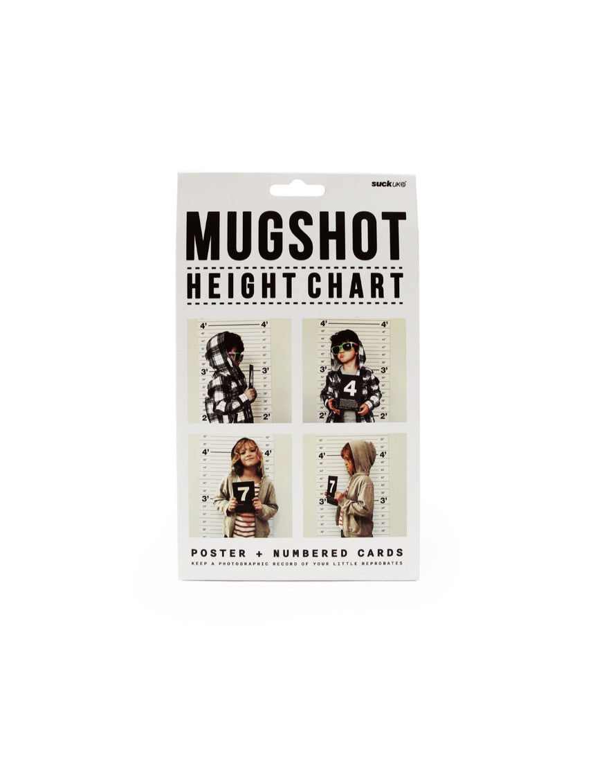 Suck UK Mugshot Height Chart with black and white design, featuring a measuring scale and space for mugshots or notes.