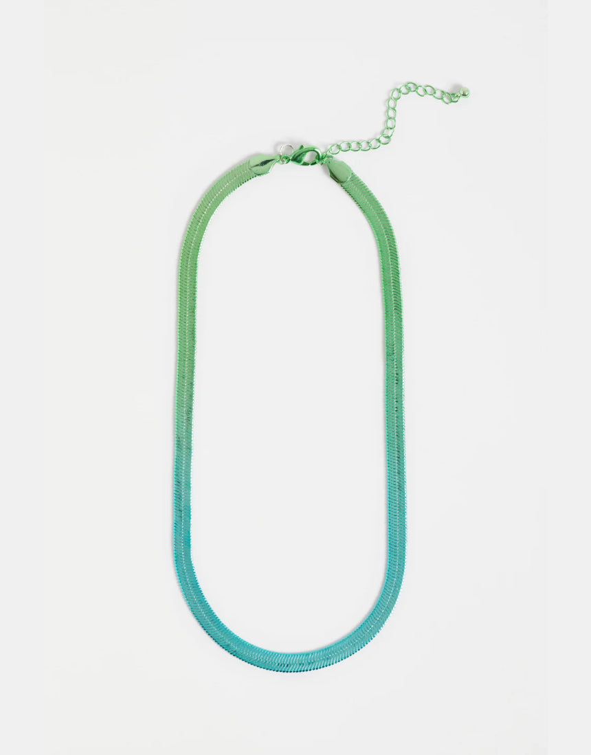 Elk Vera short necklace with green and blue ombre beads, showcasing a vibrant, layered jewelry piece on a neutral background.