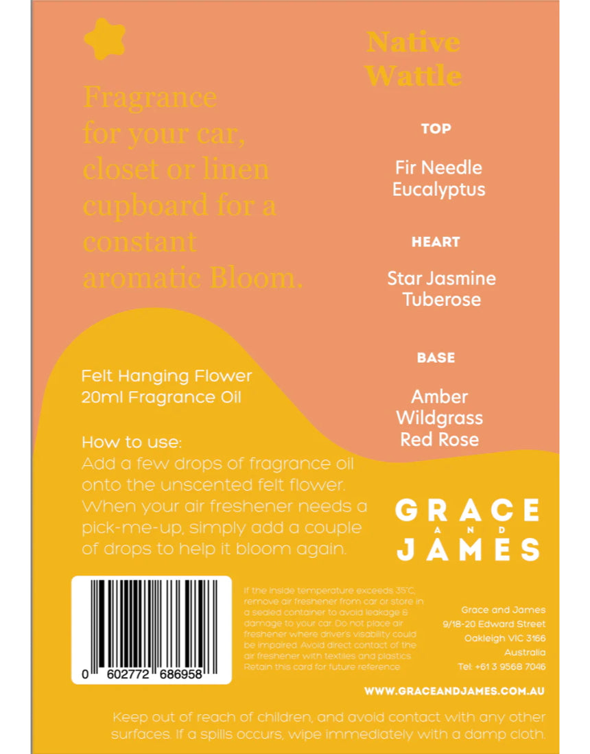 Grace & James Native Wattle Felt Air Freshener with a card design, natural scent, and woven felt material.