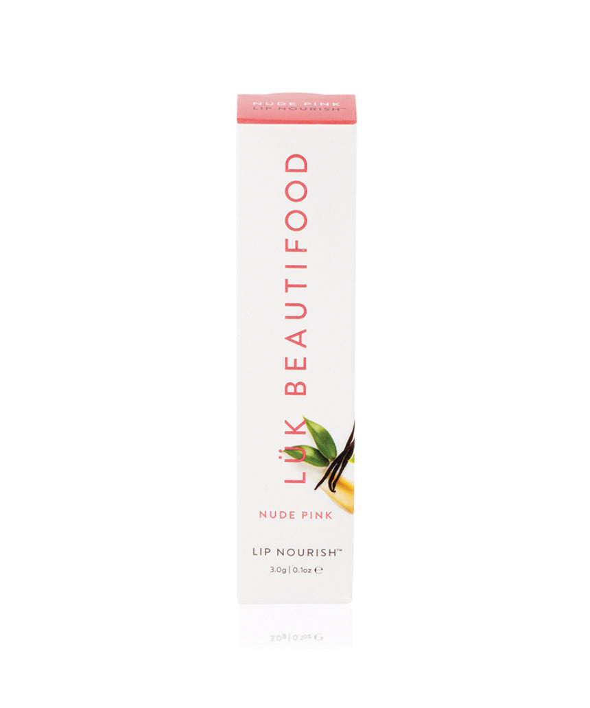 Luk Beautifood Lip Nourish lipstick in Nude Pink, featuring the product packaging with the nude pink shade visible.