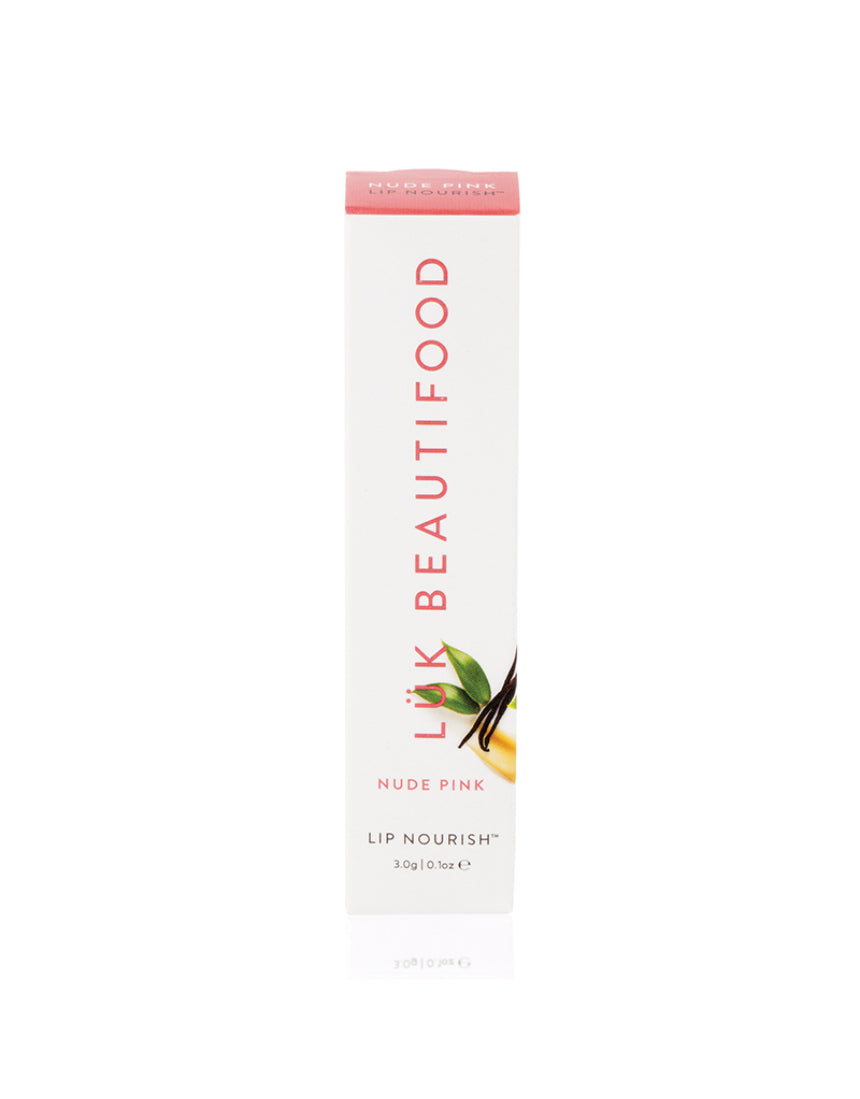 Luk Beautifood Lip Nourish lipstick in Nude Pink, featuring the product packaging with the nude pink shade visible.